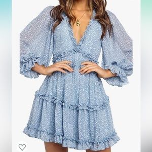 Blue and white ruffle long sleeve dress NWOT size large